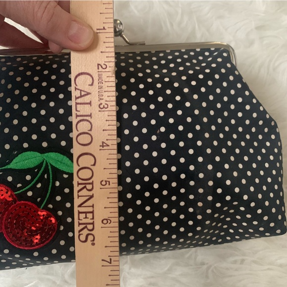 sweet black polka dot clutch bag with sequin cherries design, kiss clock close - Picture 7 of 14